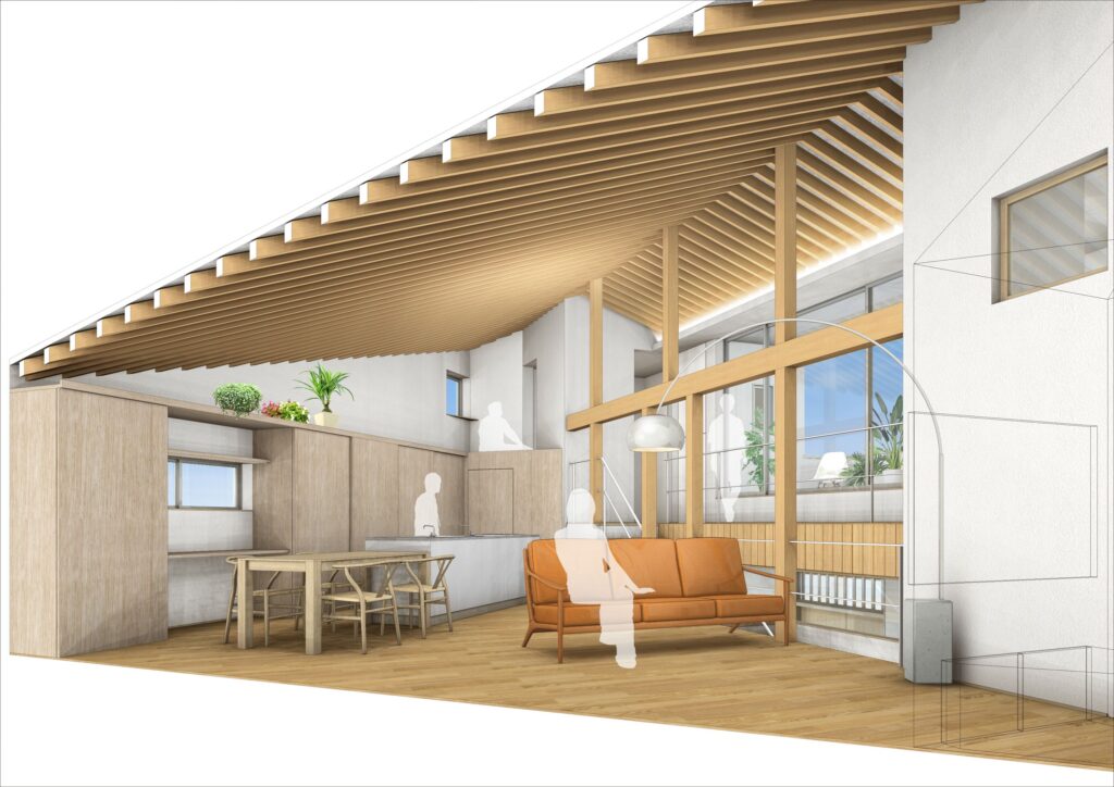 愛知県安城市「塔元の家」木造2階建　スキップフロア　パース