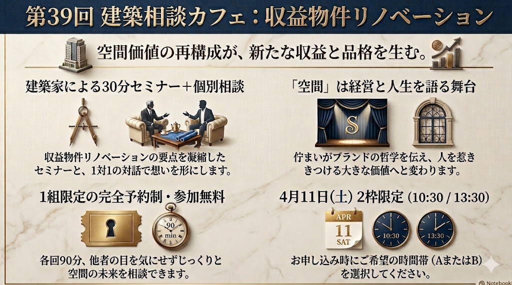 「第39回建築相談カフェ」4月11日土曜日完全予約制｜参加費無料｜2枠各回1組限定　「収益物件リノベーションセミナー簡易版（約30分）」+相談